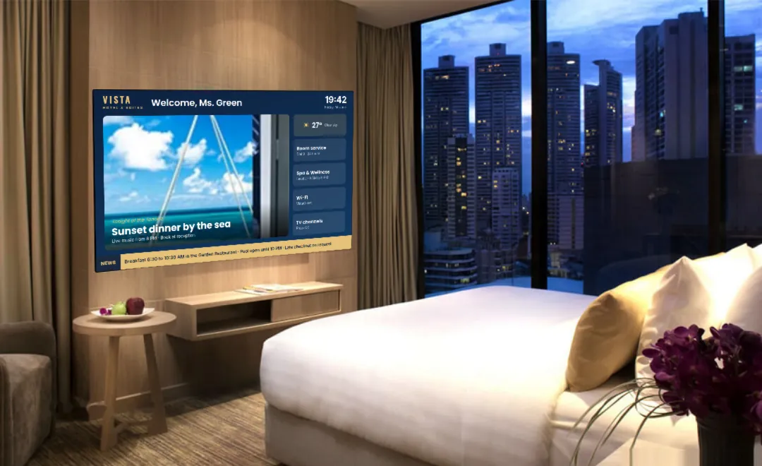 A hotel room TV showing the hotel channel: a guest welcome, tonight's dinner, the weather and room services.