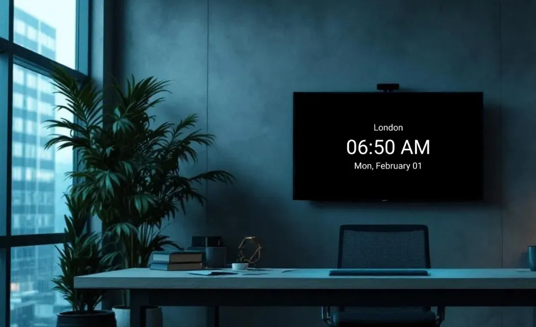 A wall screen showing the time and date in a dark office.