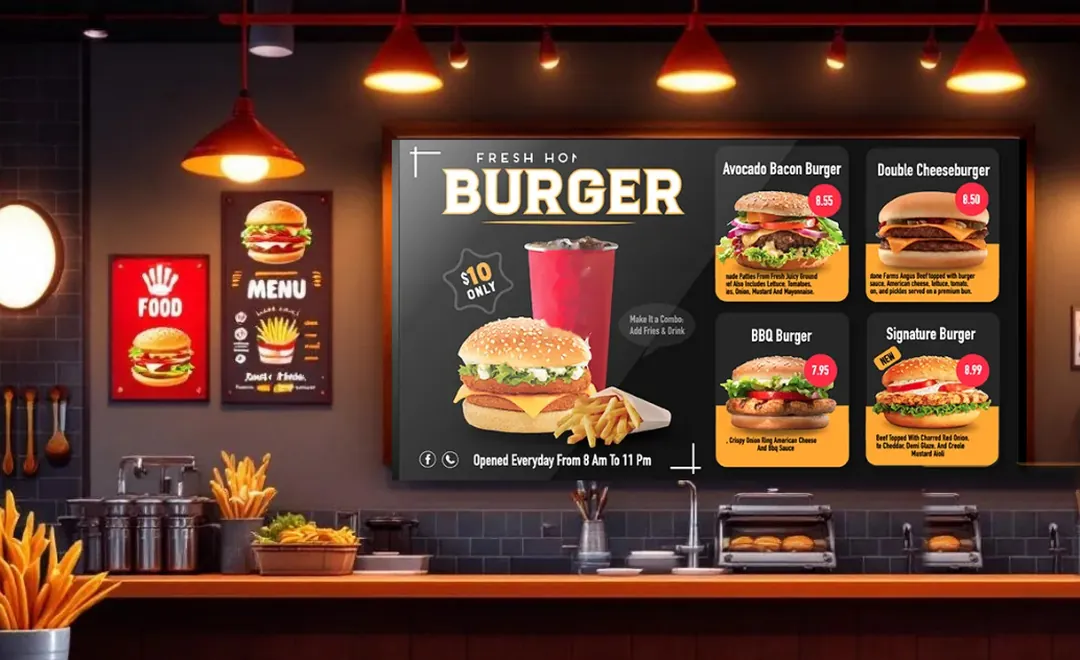 A burger menu board on the wall of a fast-food kitchen.