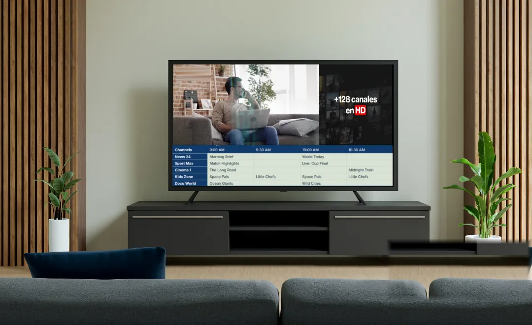A living-room TV showing a channel and its programme guide.