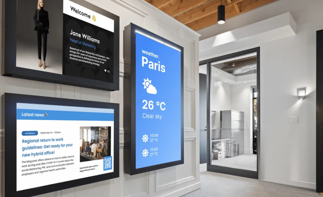 Office screens with a welcome page, the latest news and the weather.
