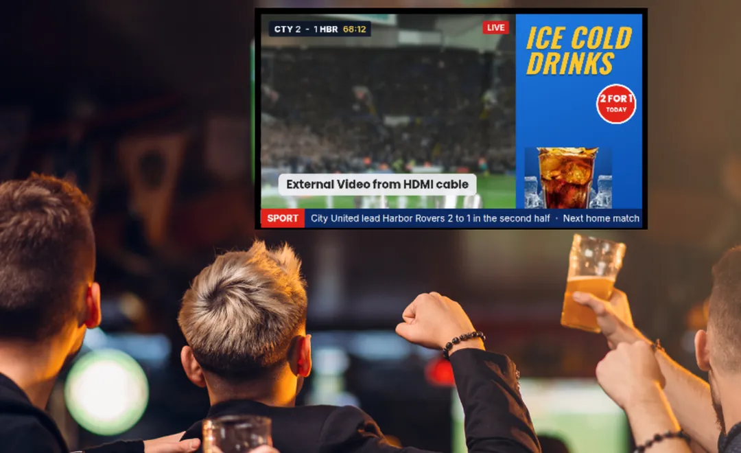 Friends watching a live match on a bar TV, beside a drinks offer.
