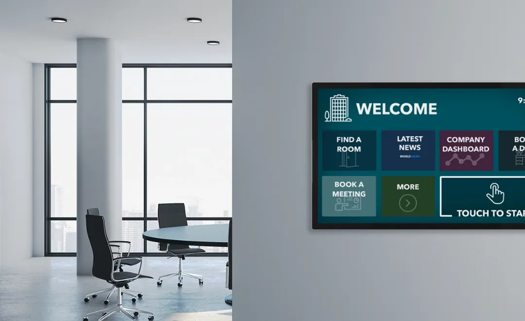 A touch screen beside a meeting room with options to find and book a room.