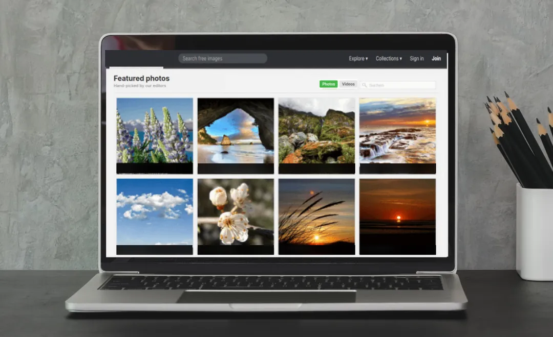 A laptop showing a gallery of nature photos.