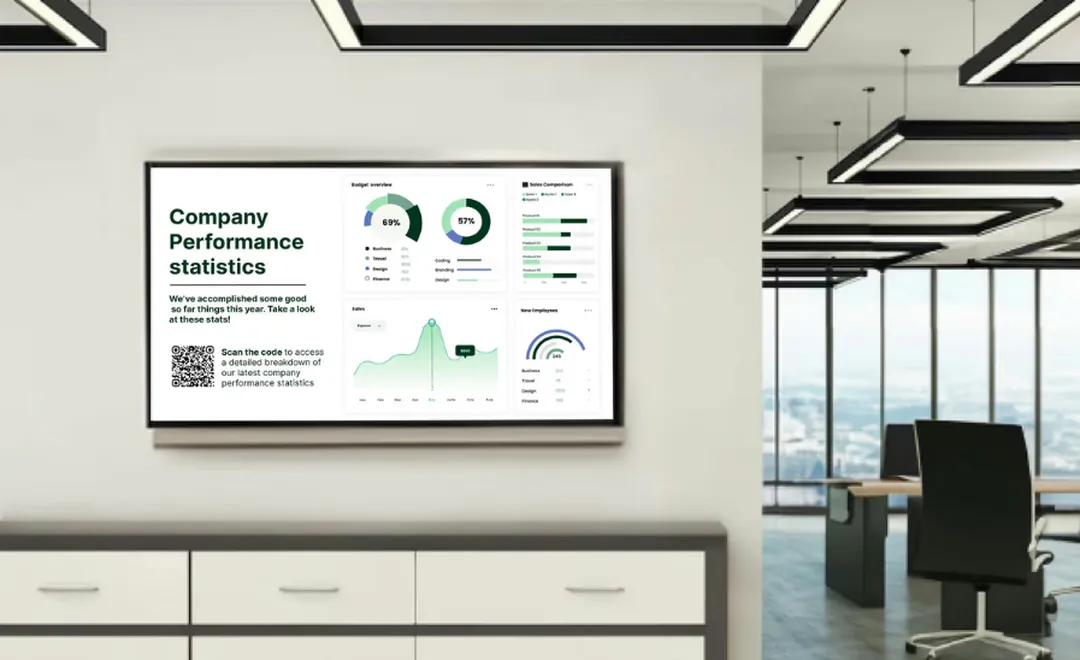 A company performance report on a screen in a bright office.