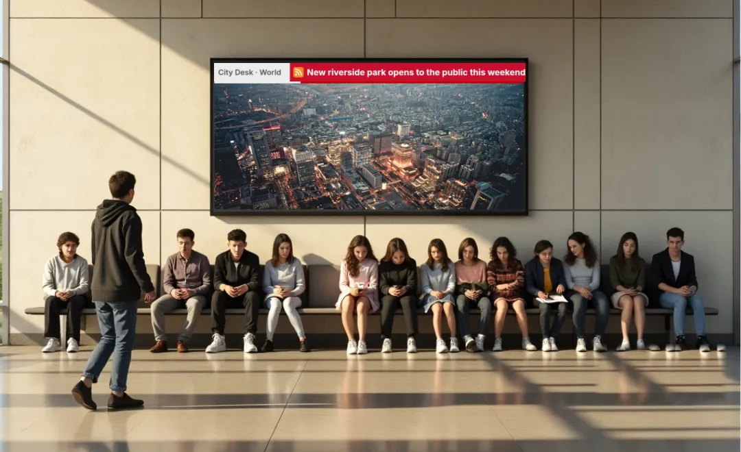 People in a waiting area below a screen with a news headline.